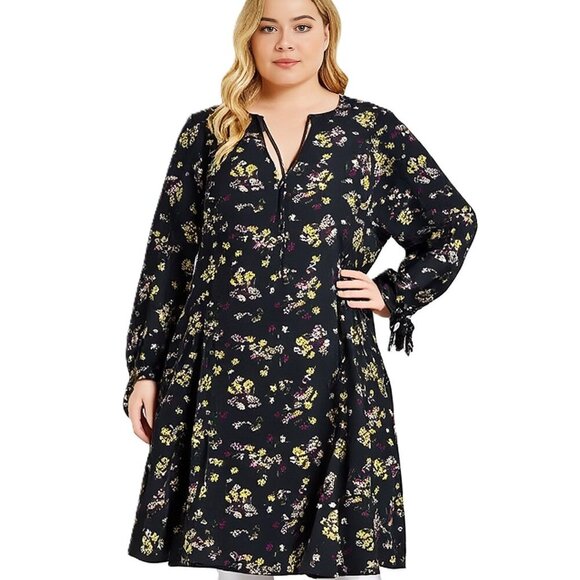 Torrid Black Floral Challis Long Sleeve Mini Dress Split Neck Size 1 (14/16) - Picture 1 of 14